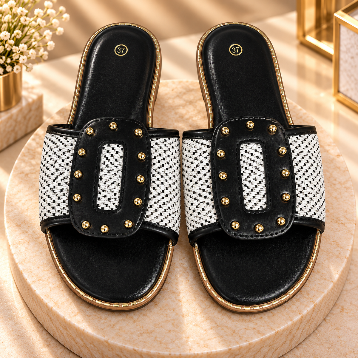 Black Studded Slide Sandals