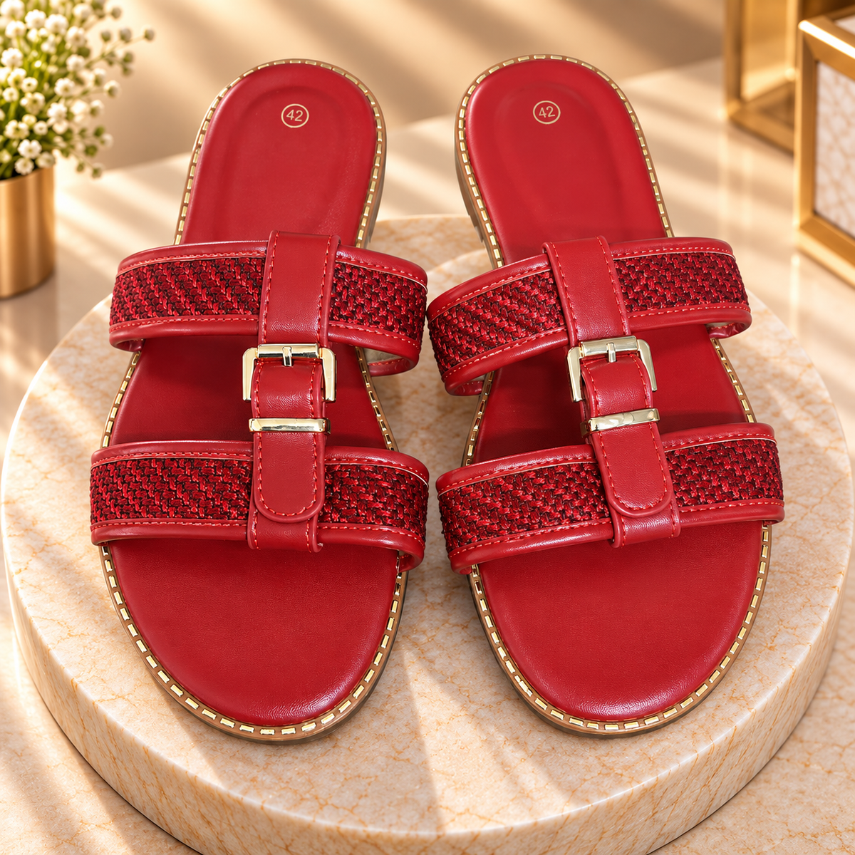 Red Buckle Slide Sandals